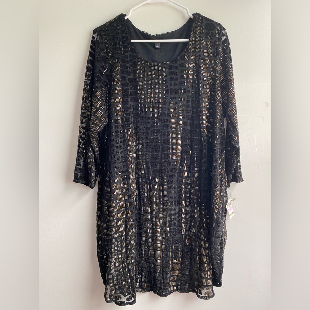 Alfani Plus Size 1X Velvet Burnout Dress Black Gold Metallic Shimmer ¾ Sleeve
